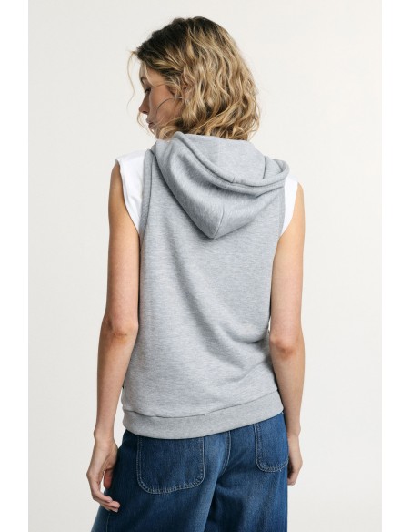Sweat com capuz sem mangas e fecho frontal Please