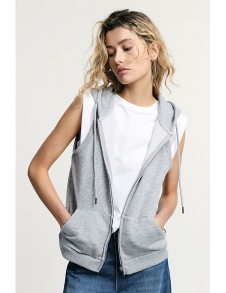 Sweat com capuz sem mangas e fecho frontal Please