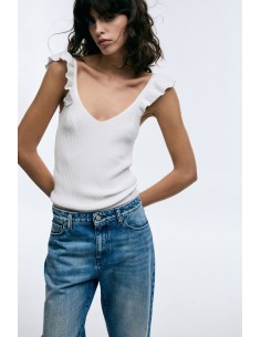 Top canelado com alças franzidas e decote em V Please