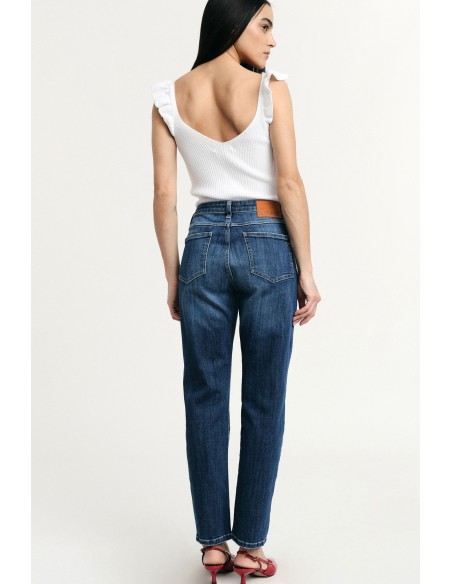 Jeans de perna reta cintura alta efeito lavado Please