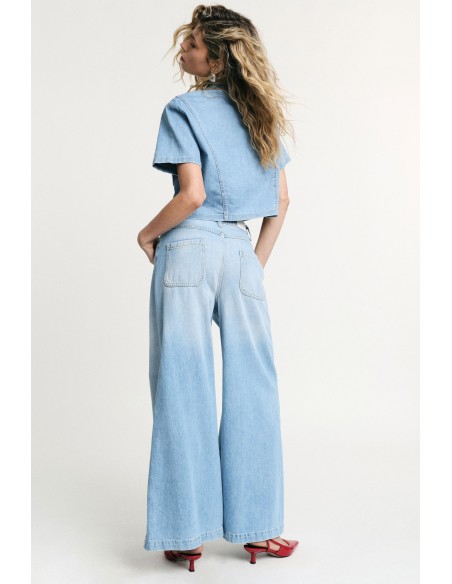 Jeans De Perna Larga De Cintura Alta Com Bolsos Please