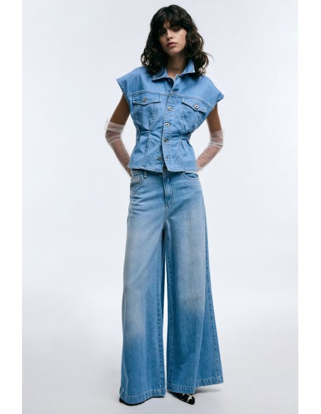 Jeans De Perna Larga De Cintura Alta Com Bolsos Please