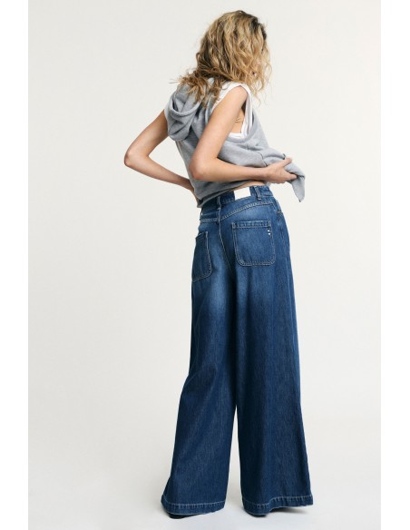 Jeans de Perna Larga Cintura Alta Efeito Desbotado Please