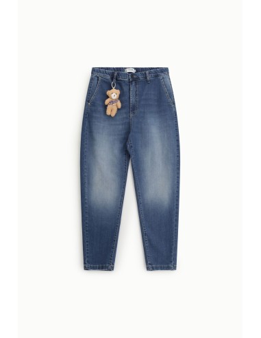 Jeans balloon fit com cintura alta e porta-chaves ursinho Please
