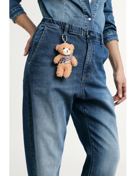 Jeans Baloon Fit com Cintura Alta e Porta-Chaves Ursinho Please