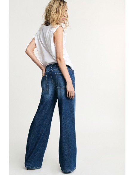 Jeans De Perna Larga Cintura Alta Com Bolsos Aplicados Please