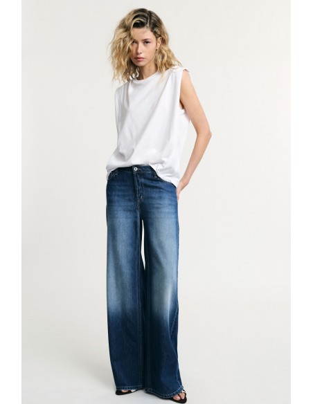 Jeans de Perna Larga Cintura Alta com Bolsos Aplicados Please