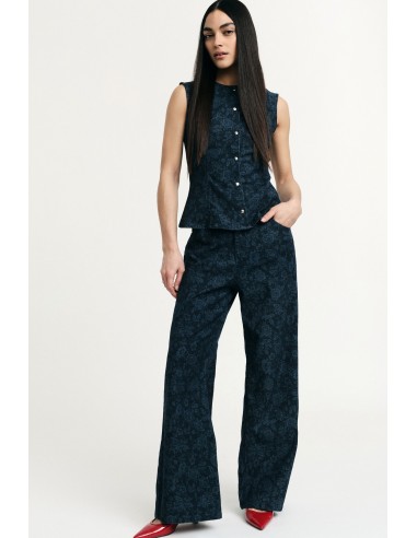 Jeans de perna larga com estampa floral e cintura alta Please