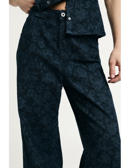 Jeans de perna larga com estampado floral cintura alta Please