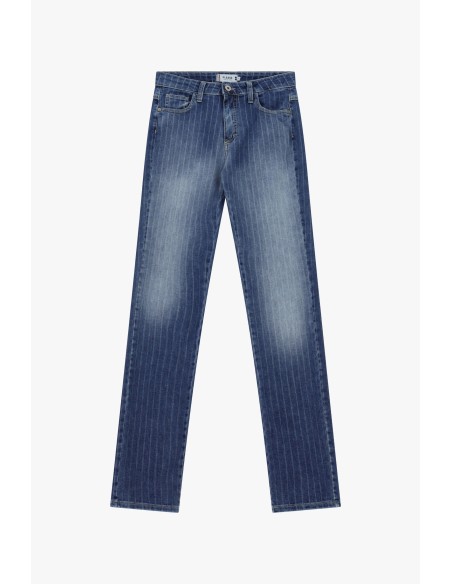 Jeans de Perna Reta às Riscas com Cintura Média Please