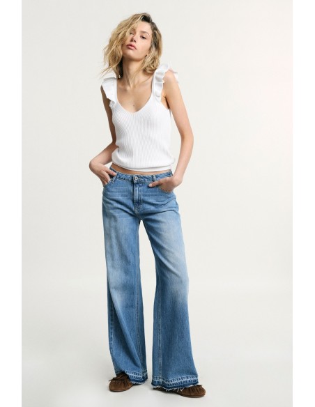Jeans de Perna Larga com Bainha Desfiada Please