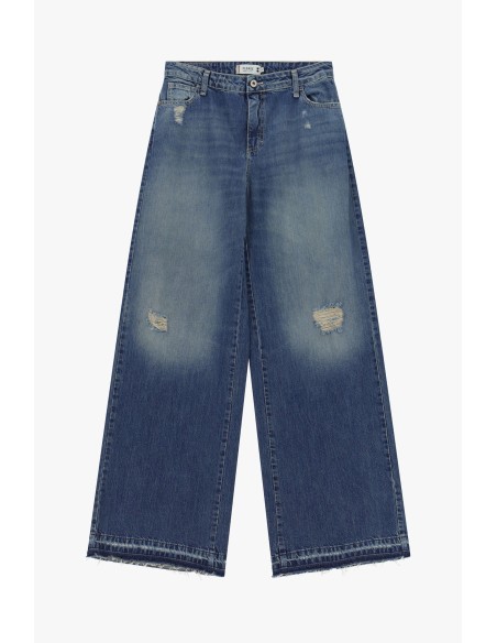 Jeans de perna larga com detalhes de efeito usado Please