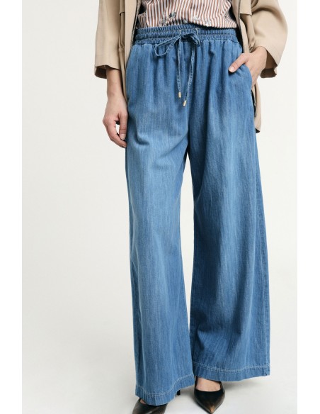 Jeans De Perna Larga Com Cintura Alta Elástica Please