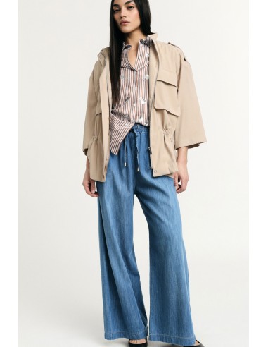 Jeans de perna larga com cós alto elástico Please
