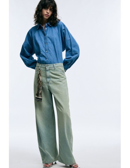 Jeans de perna larga, cintura alta, efeito lavado Please