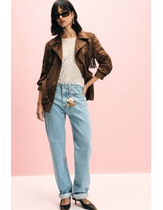 Jeans perna reta, cintura alta, cinco bolsos Please