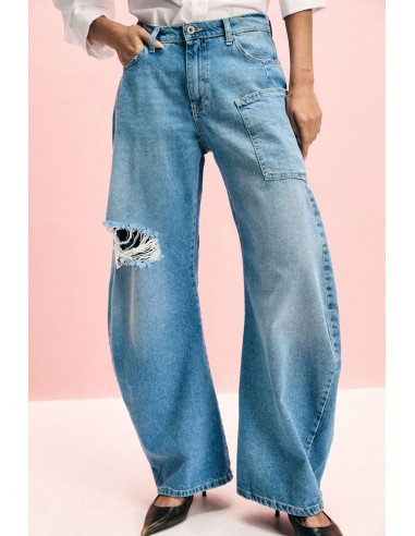 Jeans Wide Leg Rasgo E Bolso Aplicado Please