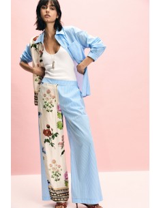 Calças Palazzo Estampa Floral e Riscas Please