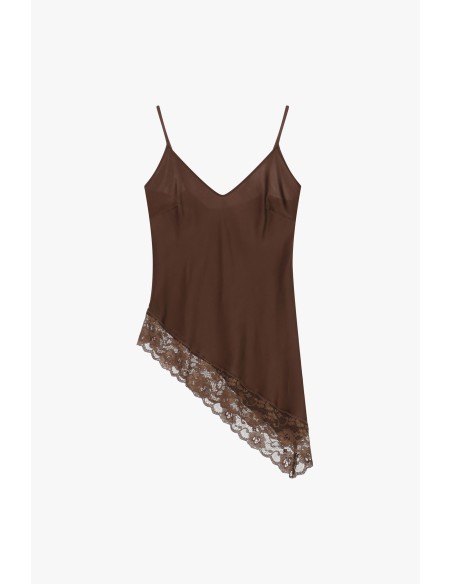 Top de alças finas, decote em V e borda em renda Please
