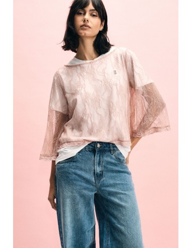 Top com renda e mangas 3/4 transparentes Please