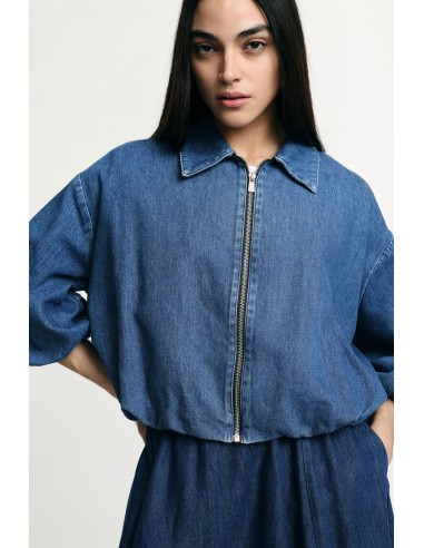 Jaqueta de ganga curta com fecho de correr e mangas balão Please