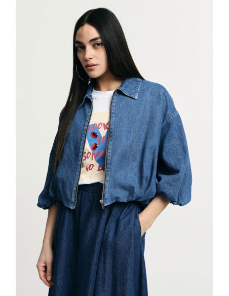 Jaqueta de ganga curta com fecho de correr e mangas balão Please