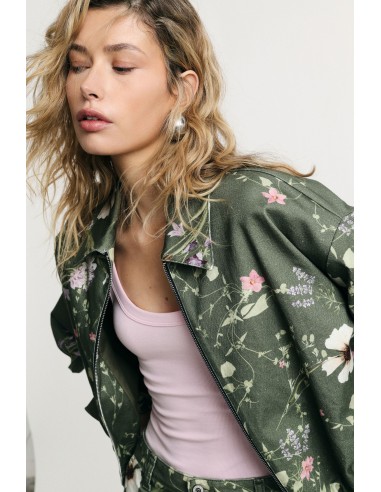 Bomber curto com fecho de correr e estampado floral Please