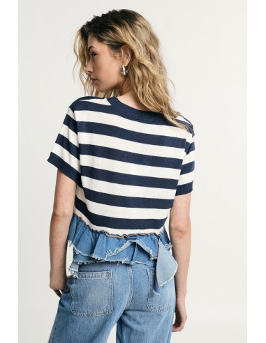 T-shirt cropped às riscas com bordo desfiado Please