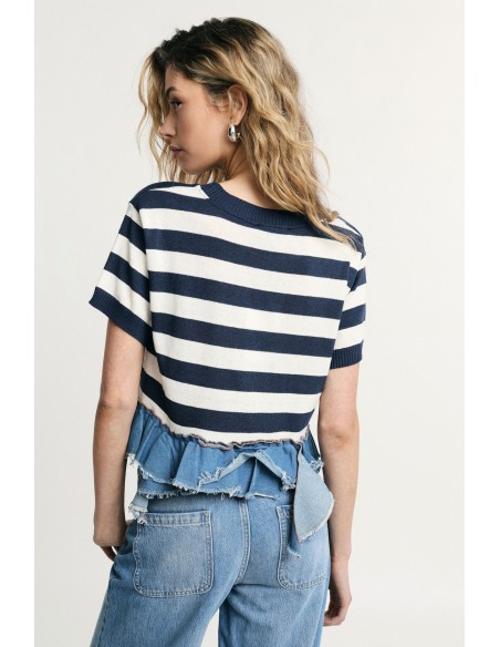 T-shirt cropped às riscas com bordo desfiado Please