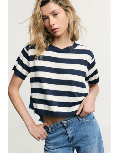 T-shirt cropped às riscas com borda desfiada Please