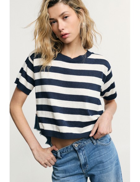 T-shirt cropped às riscas com borda desfiada Please