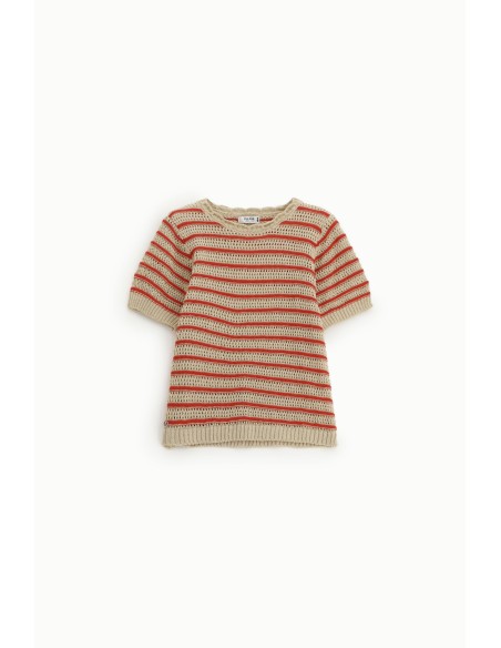 T-Shirt perfurada às riscas com mangas curtas Please