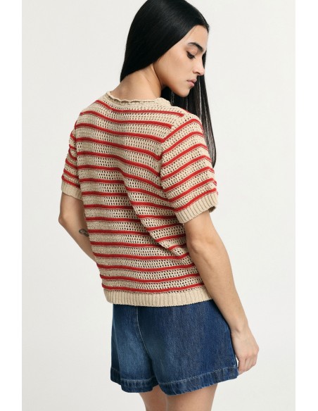 T-Shirt Traforata A Righe Con Maniche Corte Please - Vestiti Firmat...