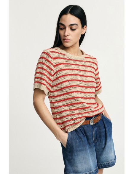 T-shirt perfurada às riscas com mangas curtas Please