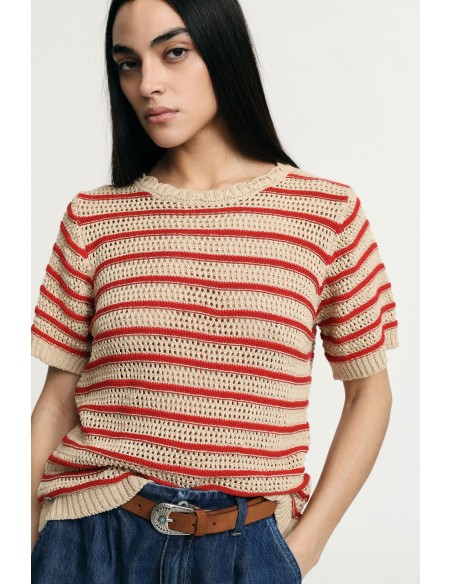 T-shirt Perfurada às Riscas com Mangas Curtas Please