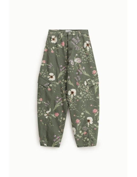 Calças cargo estampadas florais, cintura alta, bolsos laterais Please
