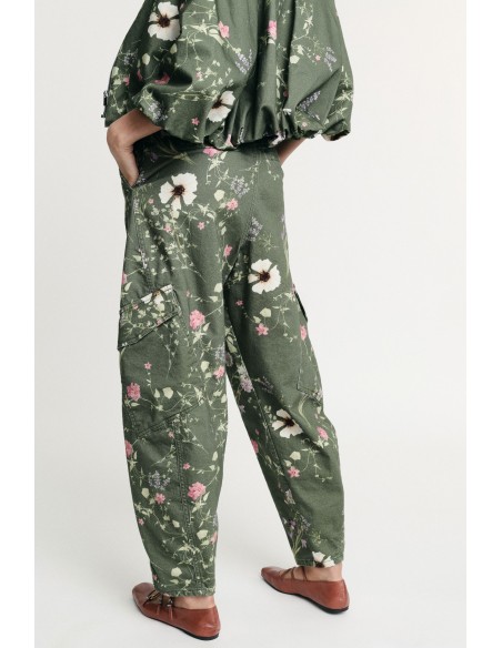 Calças cargo com estampa floral, cintura alta, bolsos laterais Please