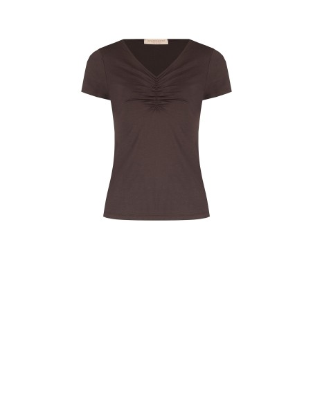 T-shirt justa em mistura de viscose com decote em V franzido Rinascimento