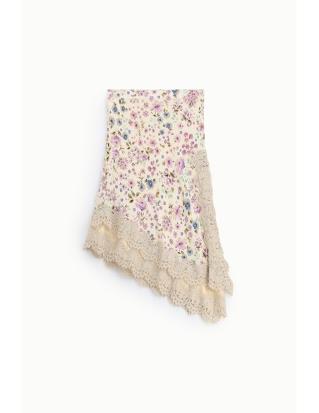 Saia midi com estampa floral e borda em renda Dixie