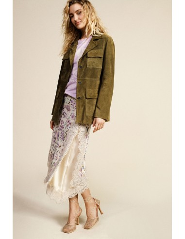 Saia midi com estampa floral e borda em renda Dixie