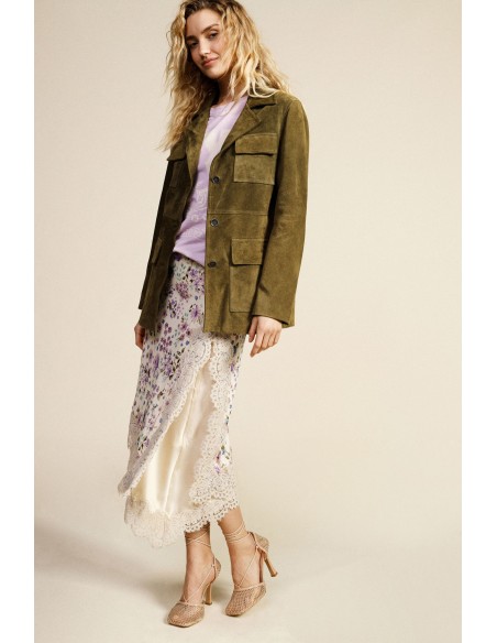 Saia midi com estampa floral e borda em renda Dixie