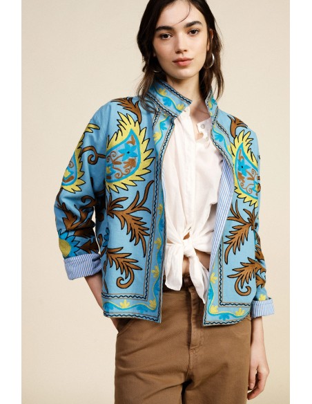 Blazer Curto Estampado com Forro às Riscas Dixie