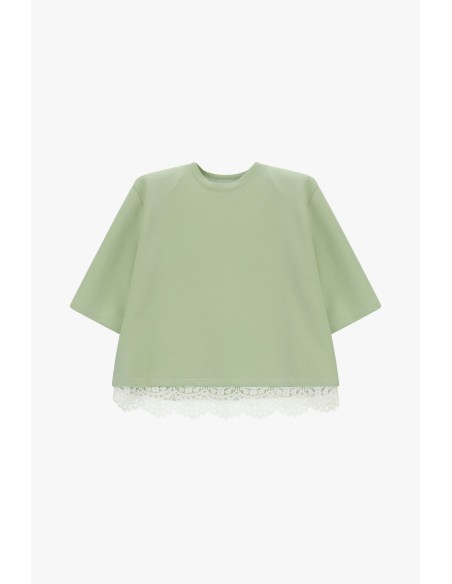 T-shirt de mangas curtas com borda em renda Dixie