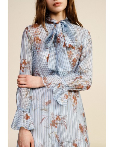 Vestido Longo com Estampa Floral e Gola com Laço Dixie