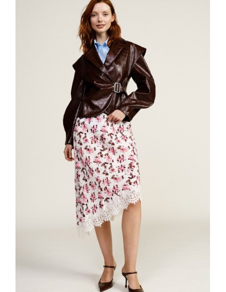 Saia Midi Assimétrica com Estampa Floral e Borda em Renda Dixie