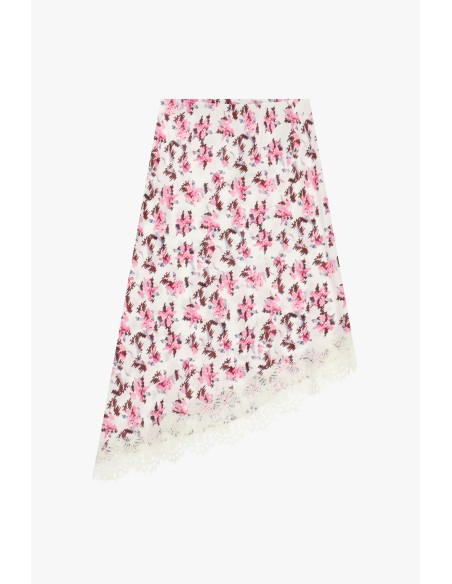 Saia midi assimétrica com estampa floral e barra em renda Dixie