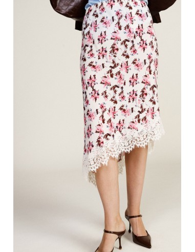 Saia midi assimétrica com estampado floral e acabamento em renda Dixie
