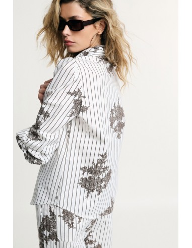 Camisa Estampa De Riscas E Renda Com Botões Please