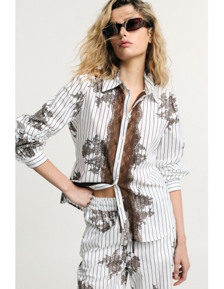 Camisa com estampado às riscas e renda com botões Please
