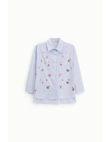 Camisa às riscas com flores bordadas e mangas 3/4 Please